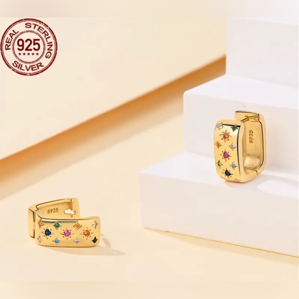 Gold S925 Silver Celestial Star Pattern Huggie Ho… - image 3